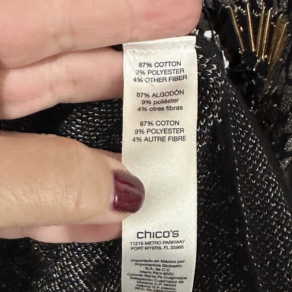 Chicos Sequin Open Front Jacket M Cardigan Black Gold Party Cocktail Knit Bling - Picture 7 of 10